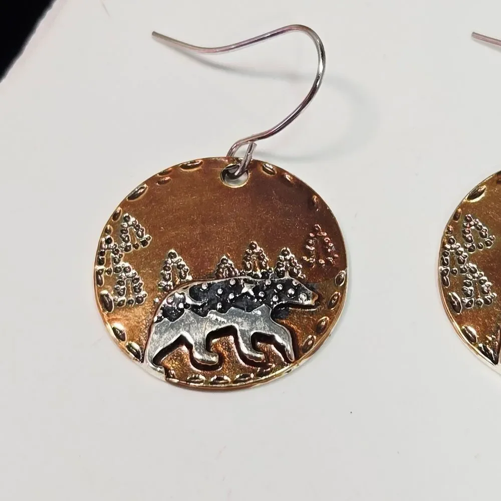 Forest Bear Earrings – Copper Disc Rustic Cabin Nature Dangles Artisan Statement